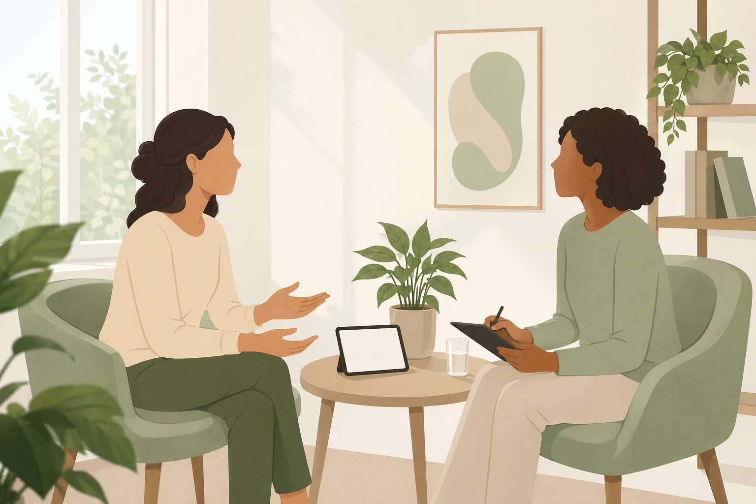 Ilustração: ambiente acolhedor de conversa de apoio — pedir ajuda qualificada é gestão de saúde e tempo