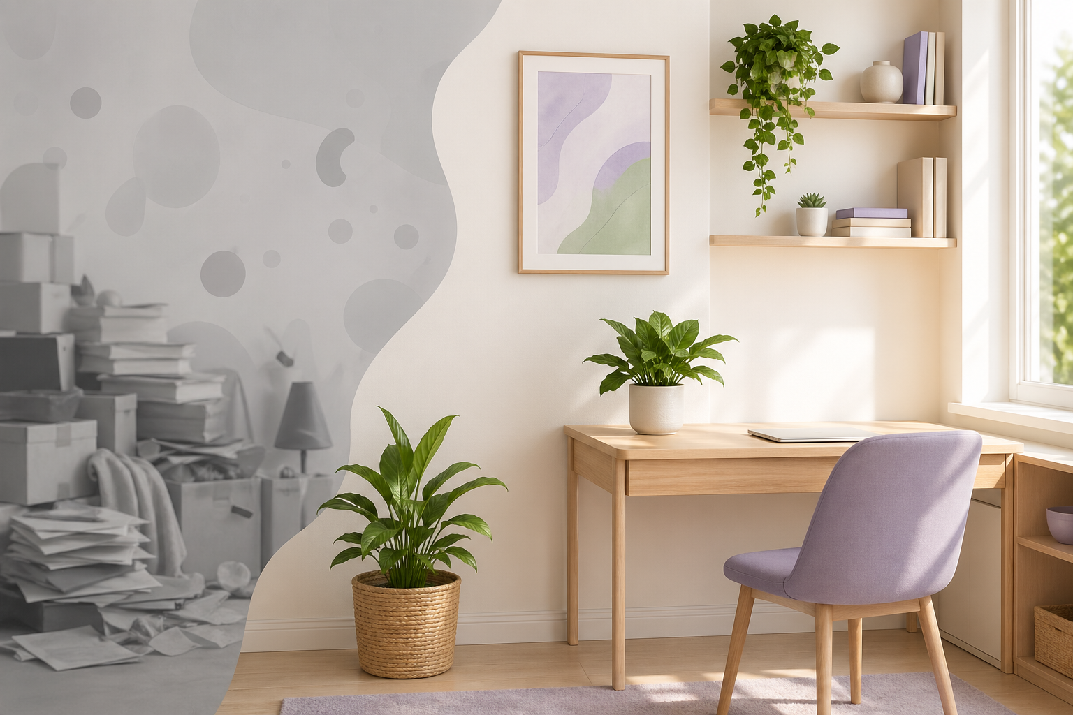 Ilustração: ambiente organizado e claro, associado a sensação de alívio mental — contraste com o peso da desordem