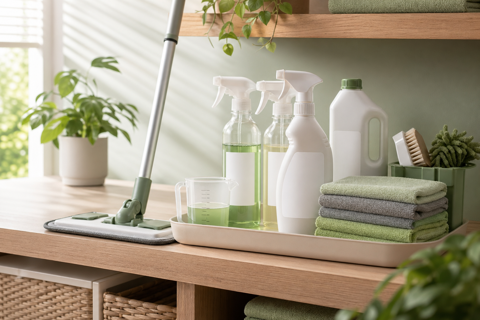 Ilustração: kit de limpeza organizado — frascos, panos e mop, sugerindo rotina simples e menos retrabalho