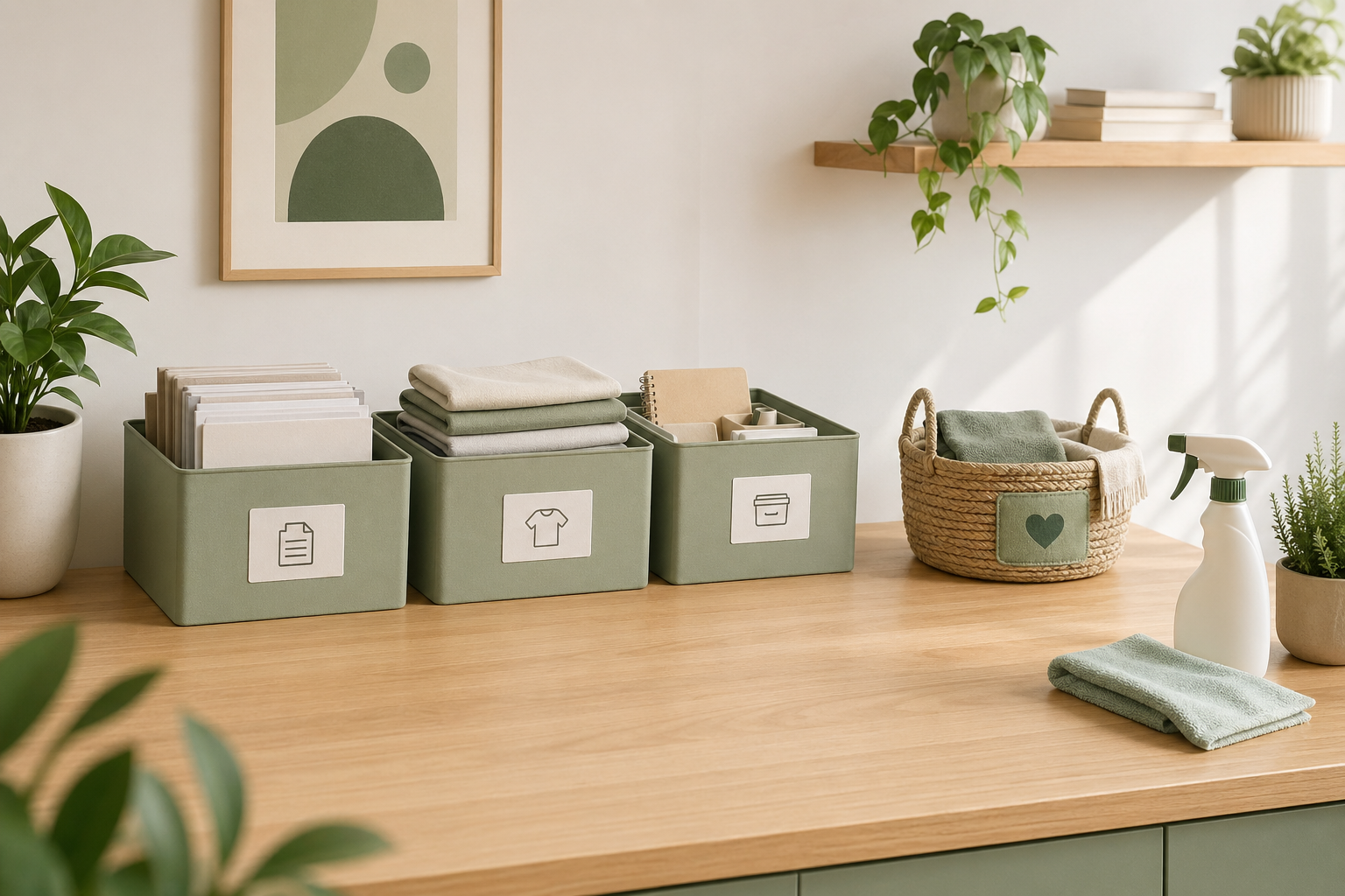 Ilustração: caixas e itens separados em uma bancada, com espaço livre — organizar antes de limpar