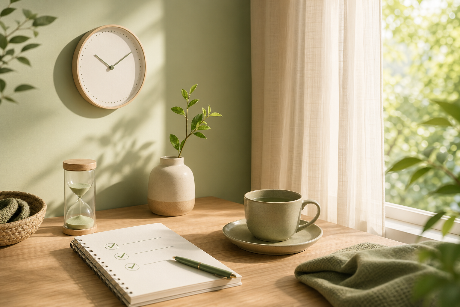 Ilustração: luz da manhã, canto acolhedor e lembretes visuais de rotinas curtas de organização