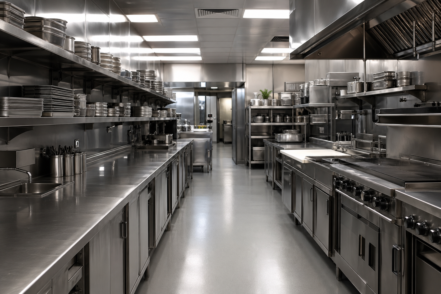 Cozinha profissional organizada para limpeza e operação segura