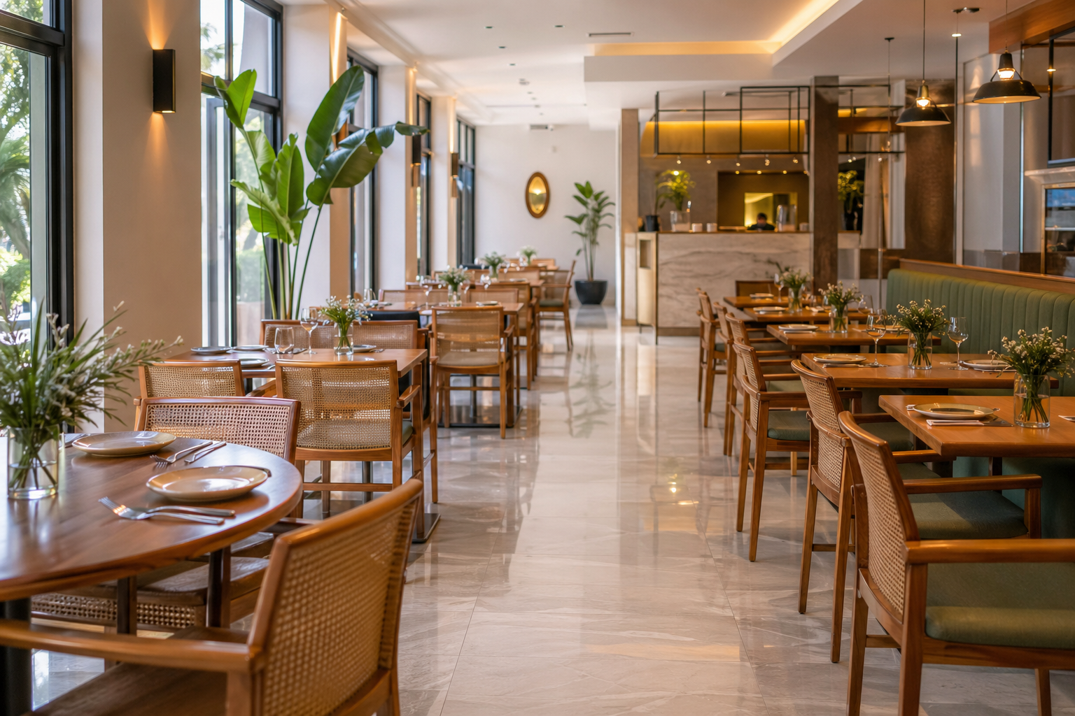 Salão de restaurante amplo, limpo e pronto para atendimento